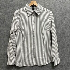 Apostrophe‎ Button Up Shirt Womens Large Gray White Striped Stretch Long Sleeve